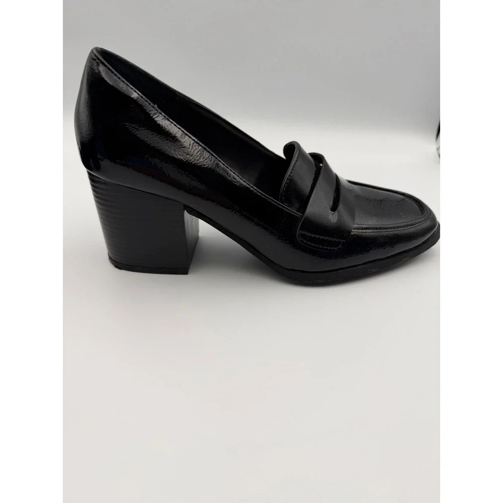 Kenneth Cole Reaction Womens Black Patent Block Heel Penny Loafers Square Toe - Picture 3 of 12